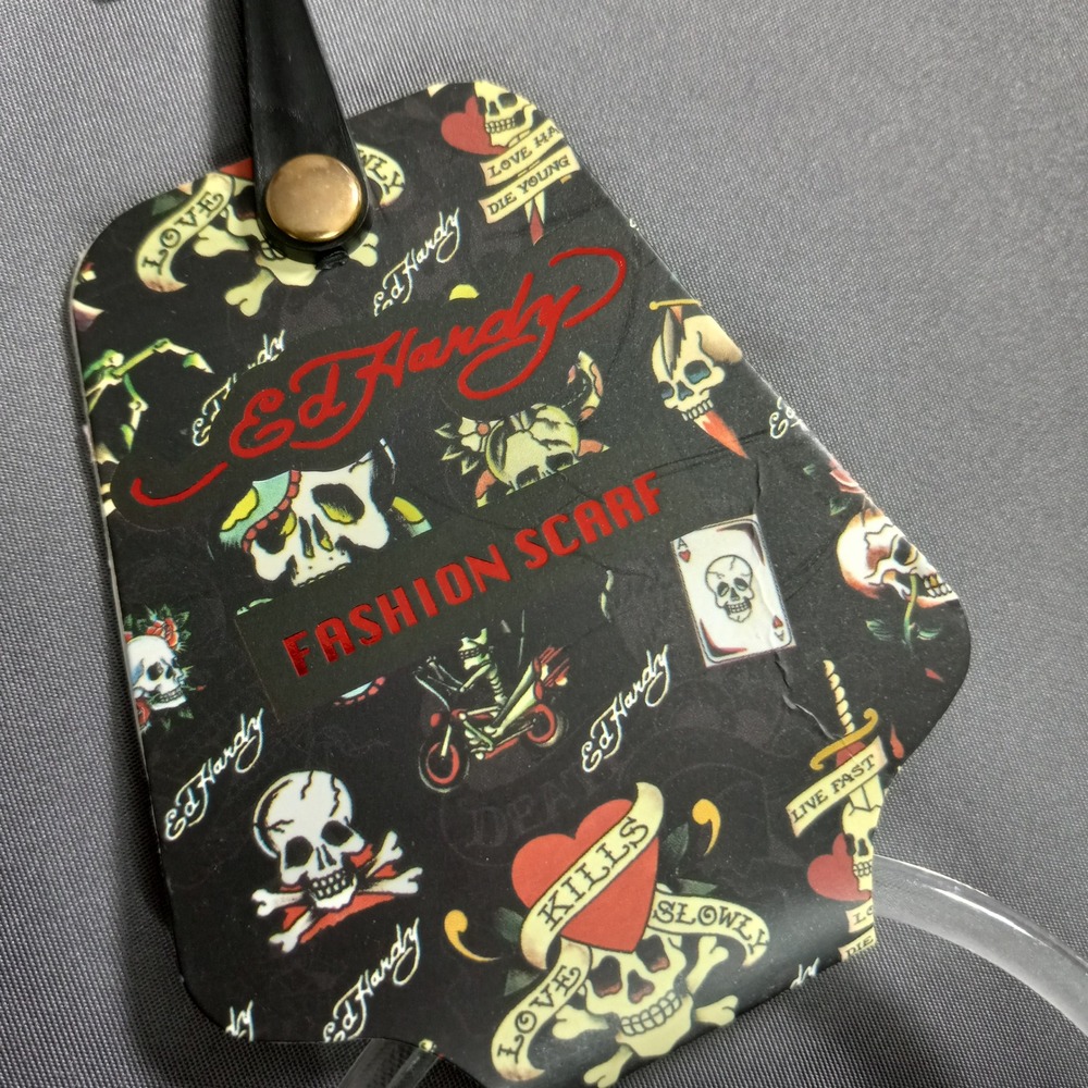 NWT Ed Hardy Tattoo Graphic Scarf Skull‎ Heart Rose Black Pink - Picture 2 of 8